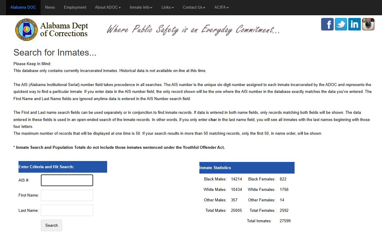 ADOC inmate search form for Walker County sentenced inmate lookup
