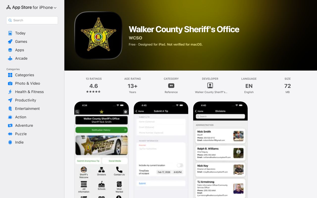 Walker County Sheriff's Office iOS app listing for official public safety information