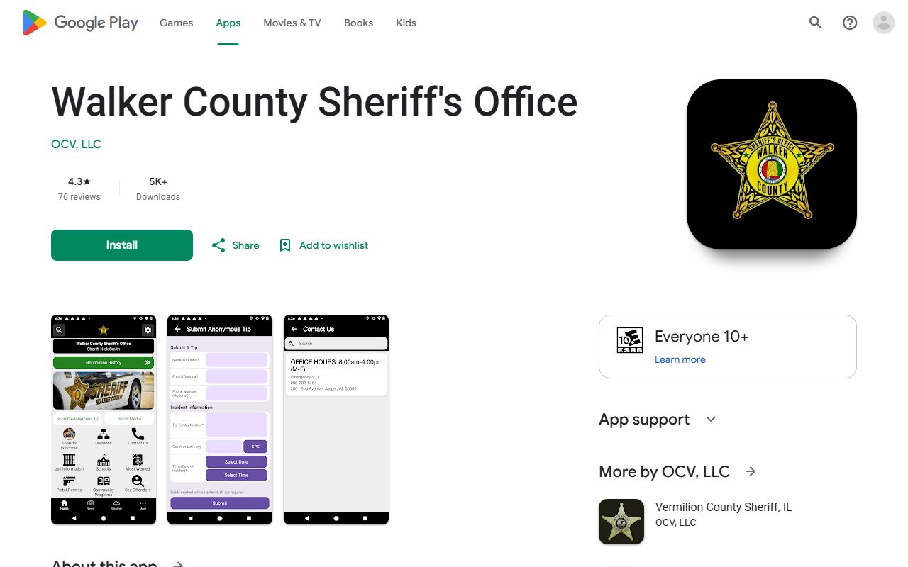 Walker County Sheriff's Office Android app listing for agency news and interactive features