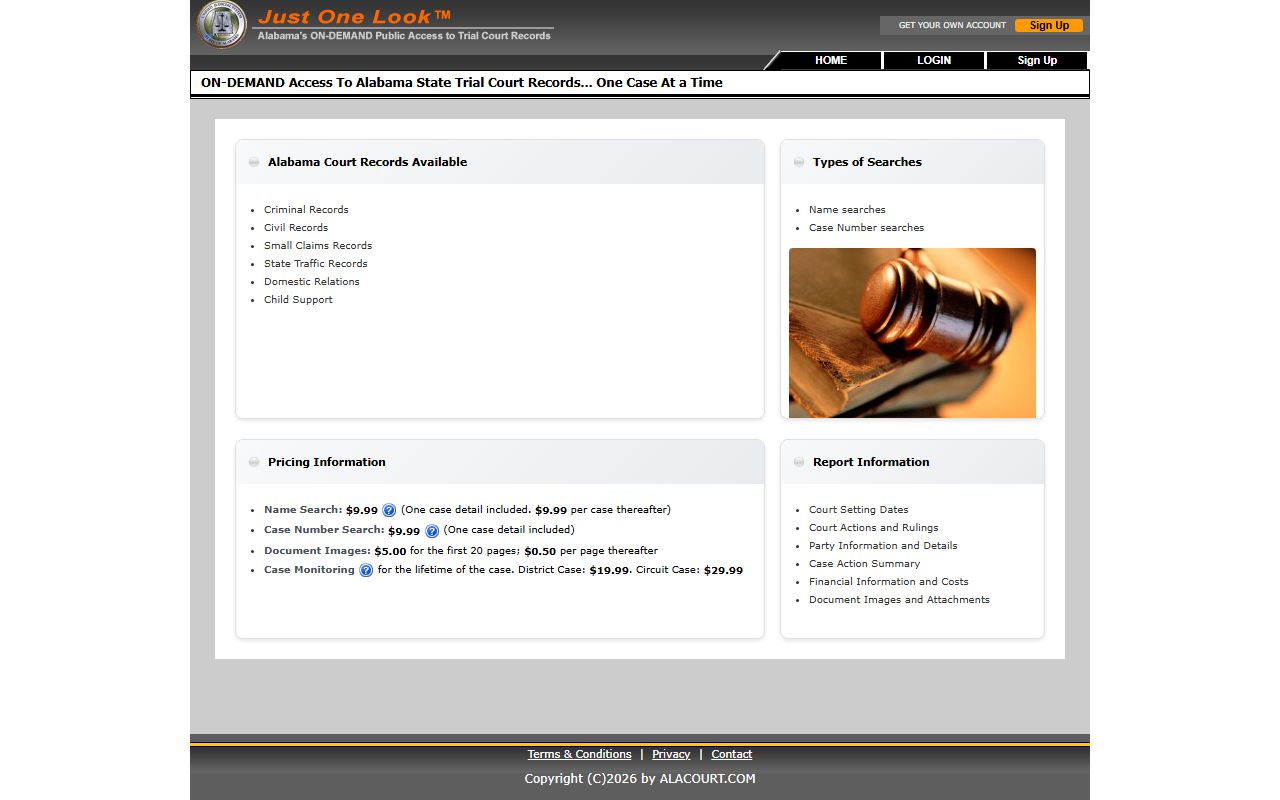 Alacourt Access page showing Alabama public court record search options and pricing