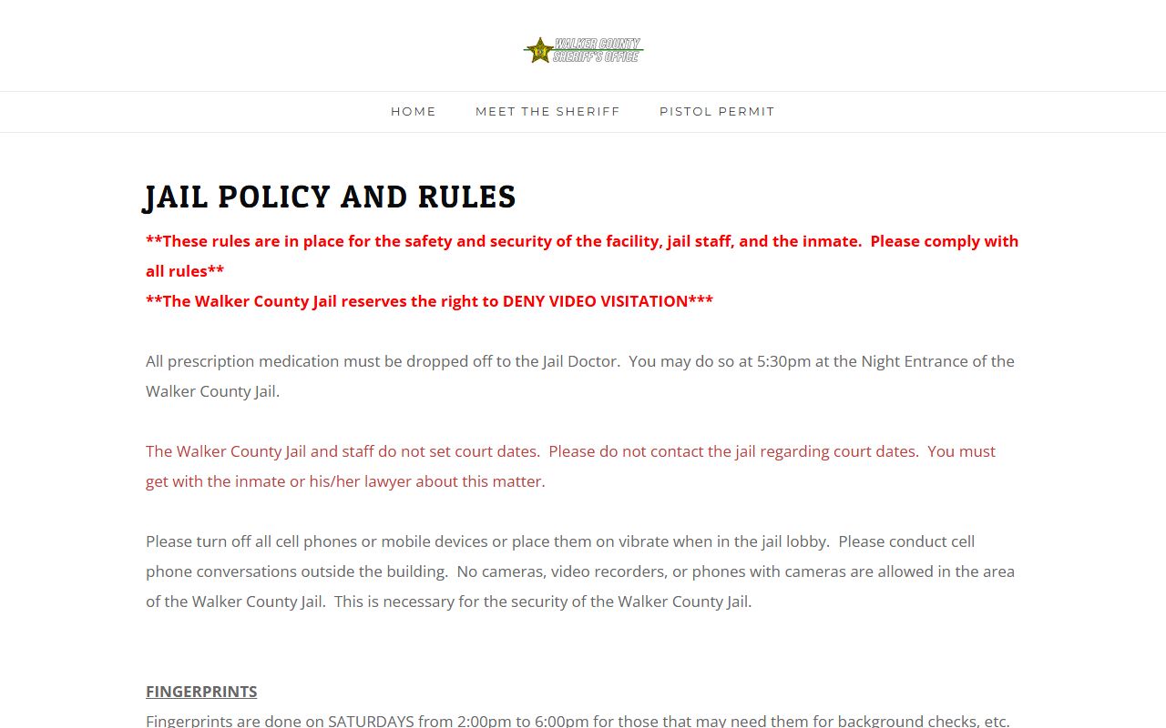 Walker County Jail policy page with mail commissary property and lobby rules