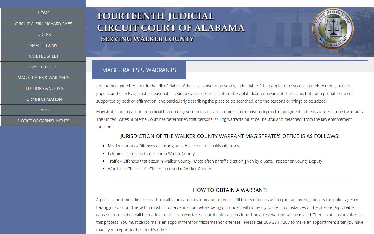 Walker County magistrates and warrants page describing warrant procedure and public access limits