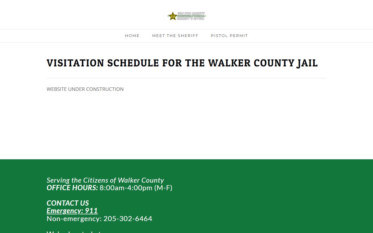 Walker County Jail visitation schedule page showing website under construction