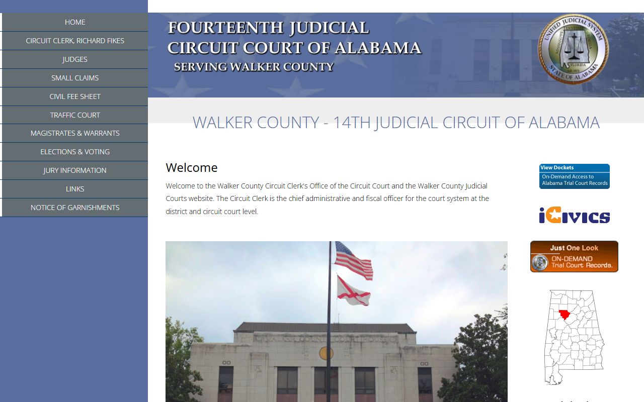 Walker County Circuit Clerk page with courthouse address, phone, and office hours