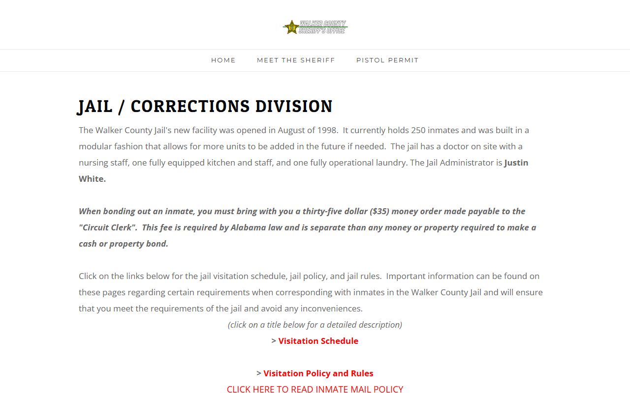 Walker County Jail official page with inmate population capacity and unit counts